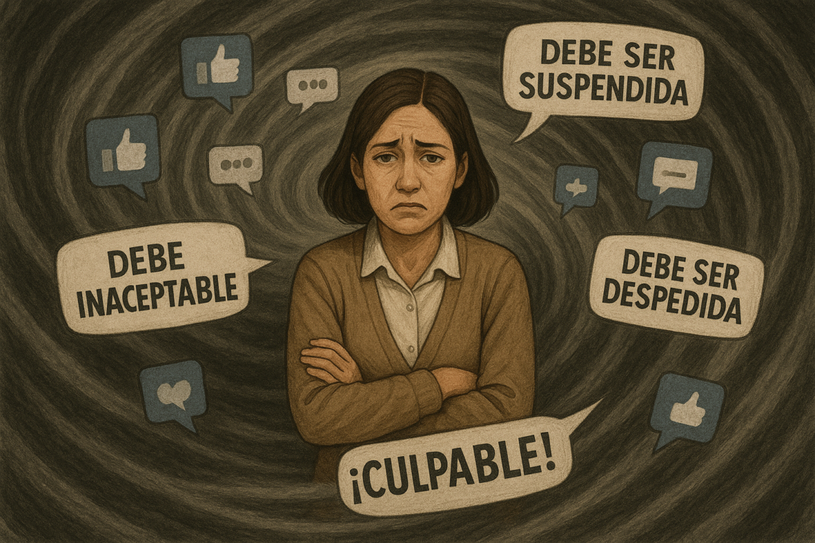ChatGPT Image 21 abr 2025, 10_13_51 p.m. Ilustración de una maestra en el centro de un torbellino de juicios en redes sociales, simbolizando la falta de garantías ante denuncias sin pruebas.