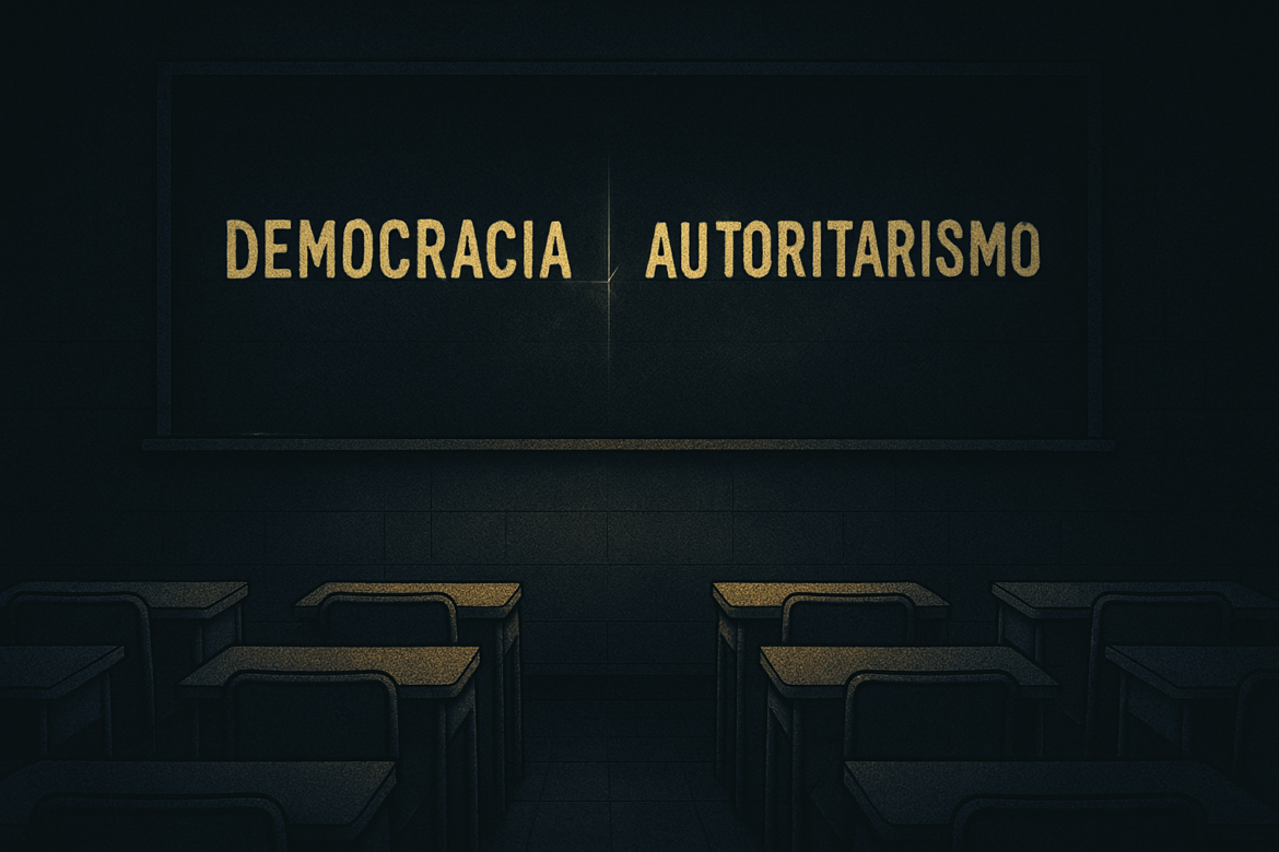 Pizarra en aula con palabras “Democracia” y “Autoritarismo” escritas en contraste.