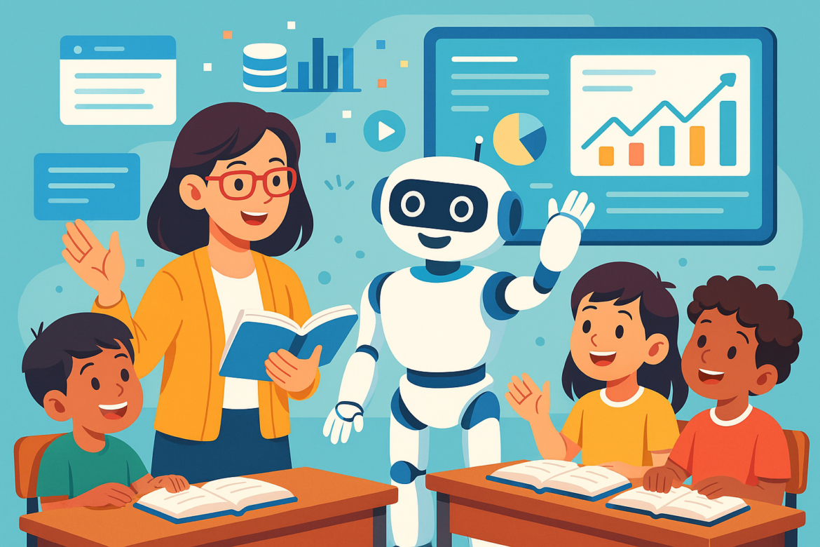 Ilustración de una docente y una IA colaborando en un aula moderna para personalizar la enseñanza de sus estudiantes.