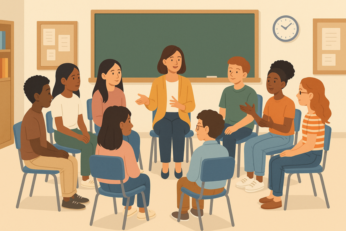 Aula con estudiantes de distintas etnias participando en diálogo grupal, en círculo, guiados por su docente.