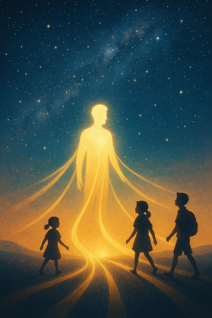 Ilustración de un docente iluminado en un cielo estrellado, guiando a estudiantes por caminos de luz hacia el conocimiento.