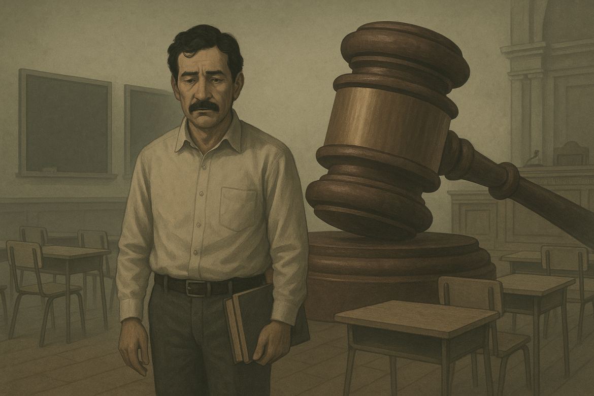 Maestro solo frente a la justicia, con el aula vacía detrás, representando la criminalización de la docencia en México.