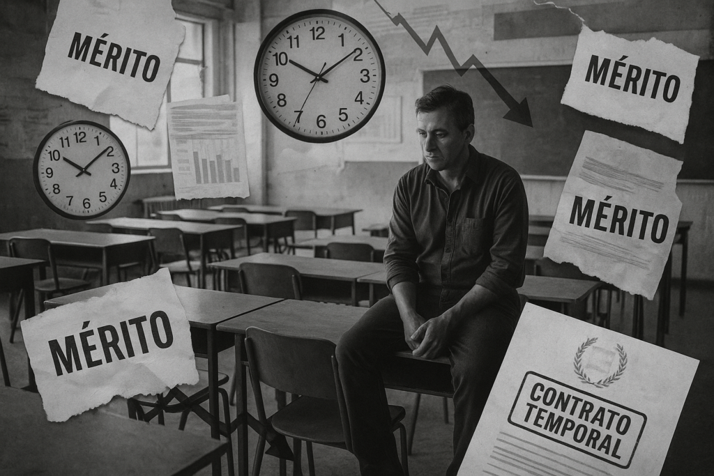 Collage en blanco y negro de un aula vacía con un profesor solitario rodeado de símbolos de evaluación y precariedad laboral.