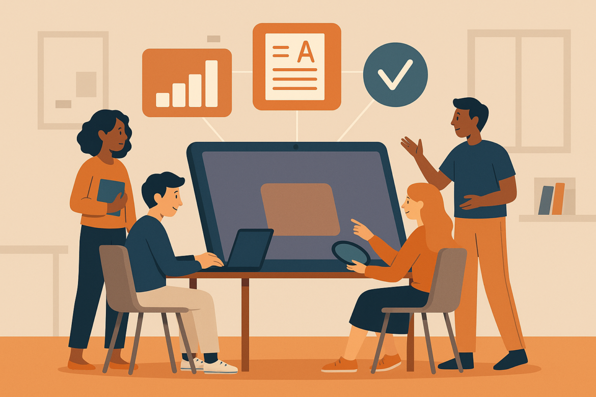 Ilustración digital de un aula moderna con estudiantes utilizando tecnología para la evaluación del aprendizaje.