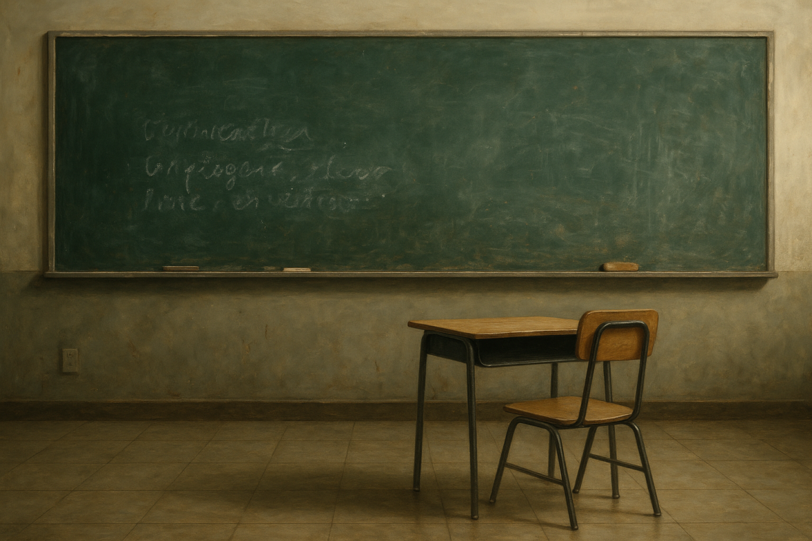 Salón de clases vacío con pizarrón verde deteriorado y pupitre solitario, simbolizando rezago educativo en México.