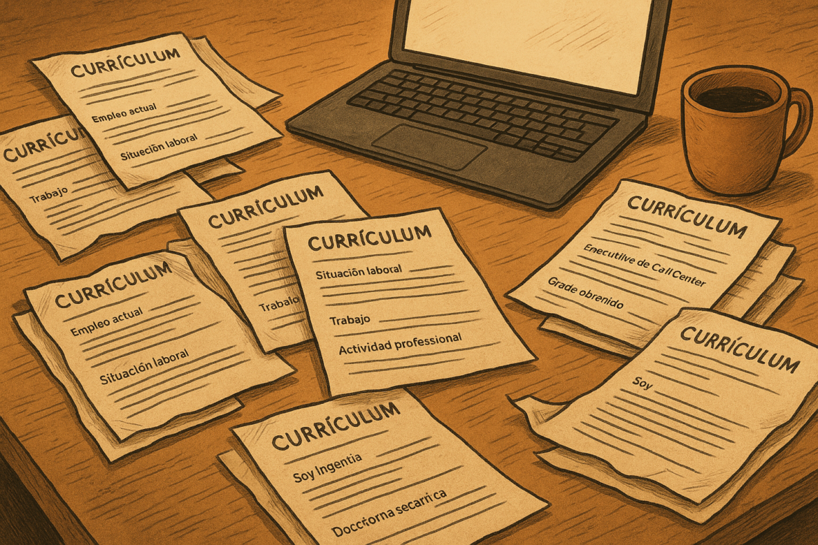 Escritorio con currículums impresos y una computadora portátil, reflejo de múltiples solicitudes de empleo académico