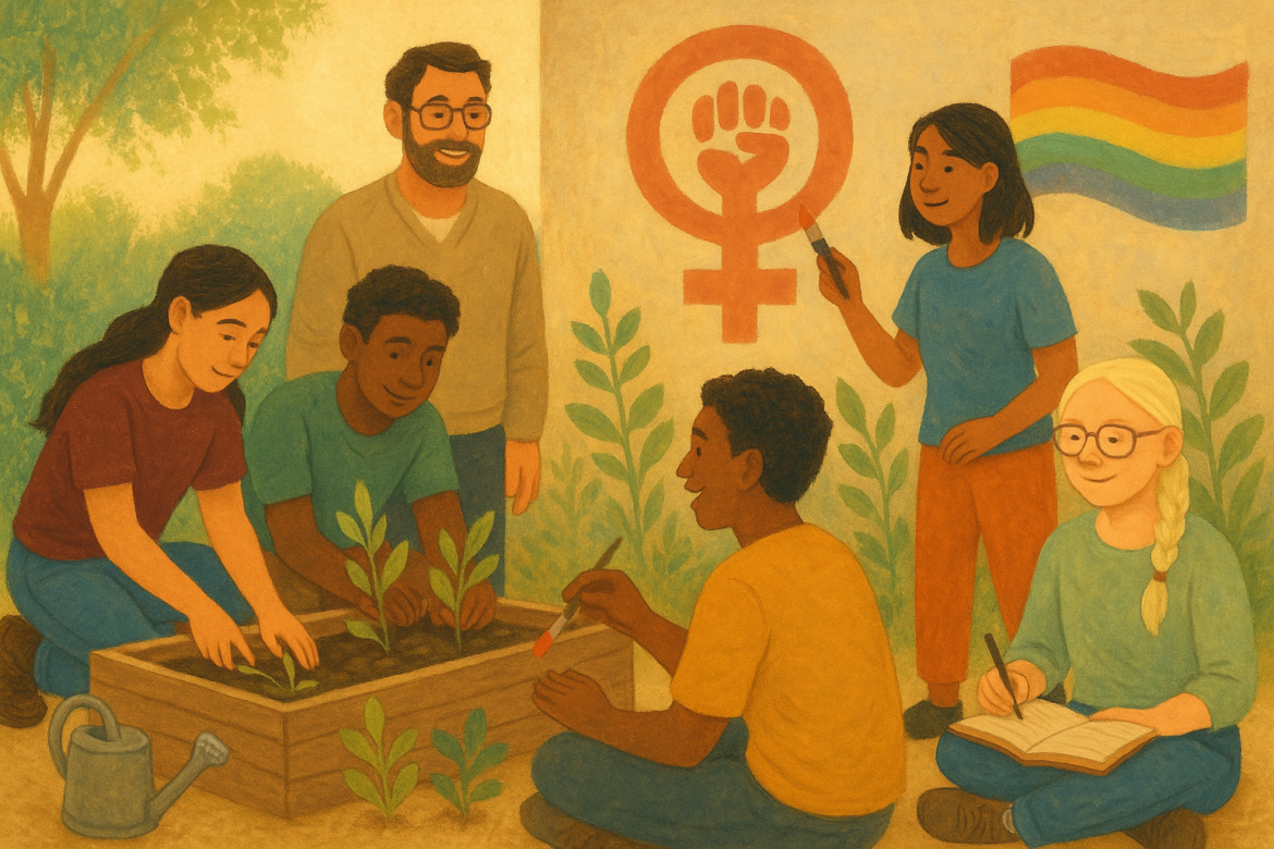 Grupo de estudiantes y docentes colaborando en un proyecto comunitario con enfoque de inclusión y equidad de género.