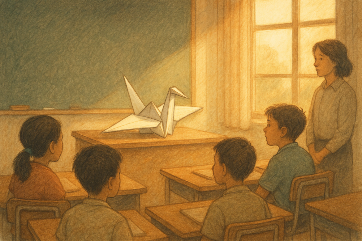 Aula escolar donde estudiantes observan una grulla de papel blanca como símbolo de paz.