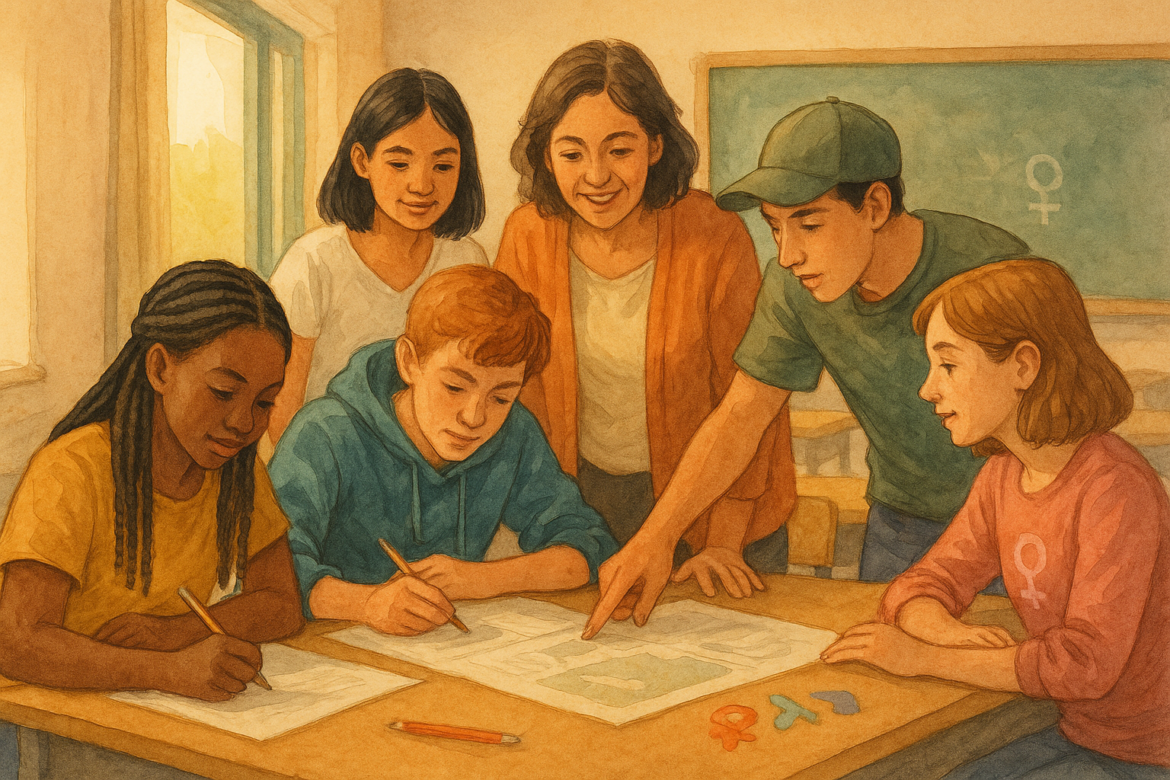 dolescentes y docentes colaboran en un proyecto comunitario que simboliza inclusión y cultura compartida