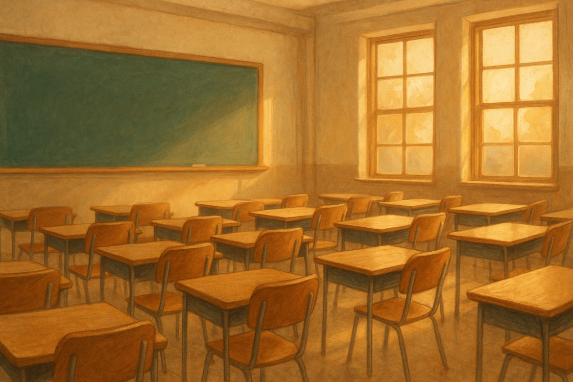 Aula universitaria vacía con pupitres y pizarrón verde iluminados por la luz del sol.