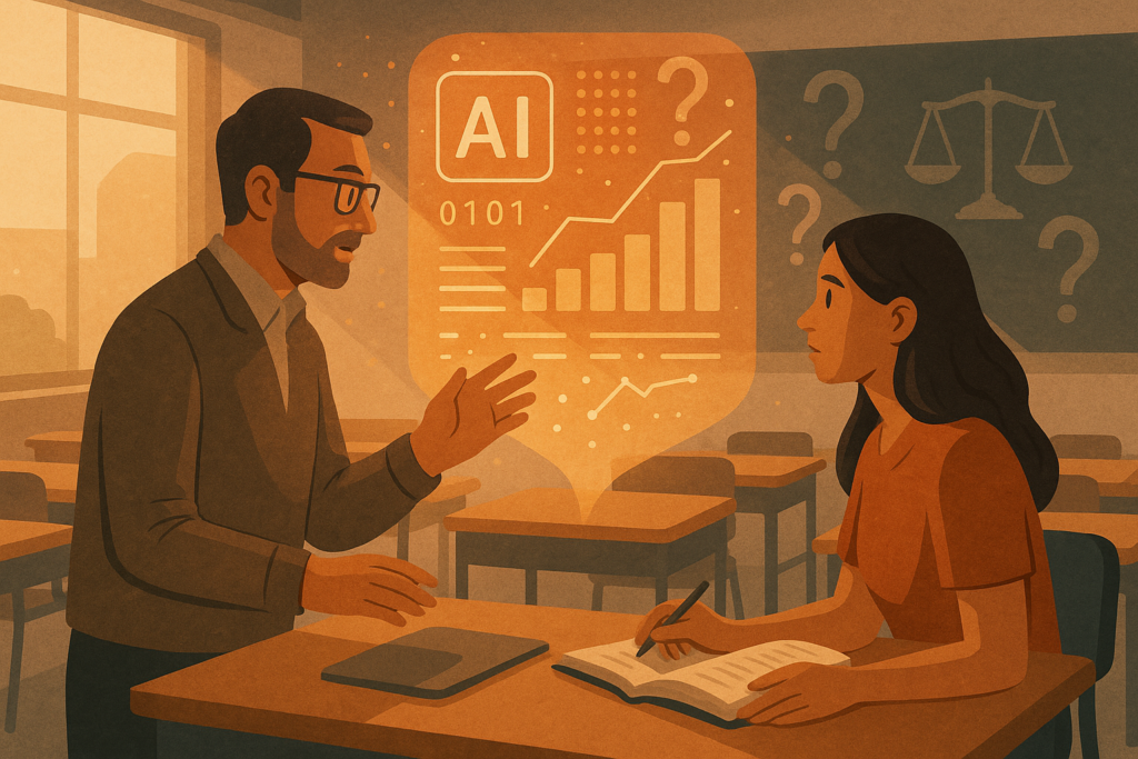 Ilustración conceptual de una universidad con docentes y estudiantes interactuando con inteligencia artificial, resaltando la necesidad de regulación ética.
