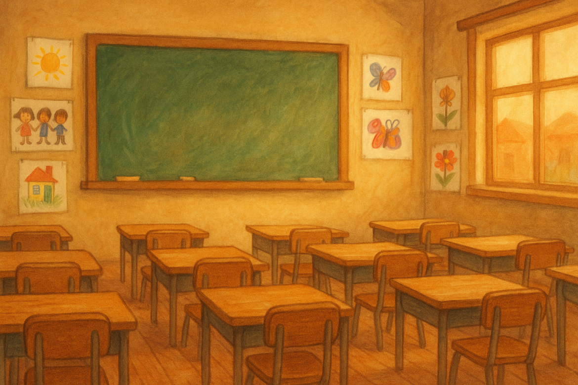 Ilustración orgánica de un salón de primaria visto desde la mirada de un niño, con pupitres de madera, un pizarrón verde con huellas de gis y dibujos coloridos en las paredes.