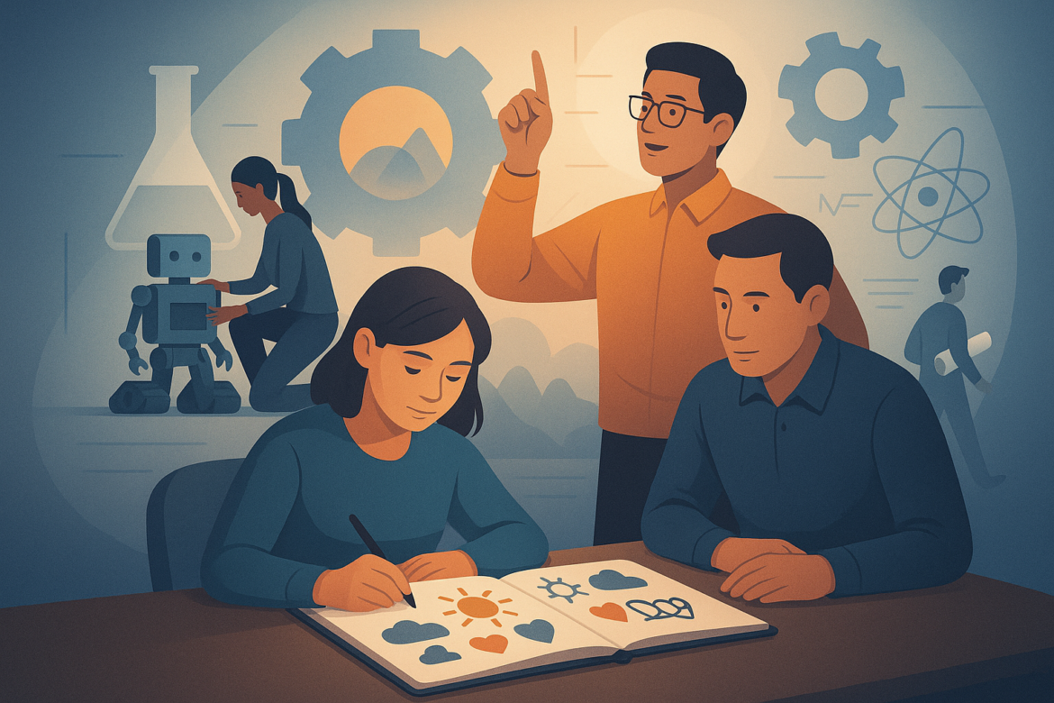 Ilustración digital de docentes y estudiantes trabajando en un proyecto STEAM con elementos de ciencia, arte y tecnología en un aula creativa.