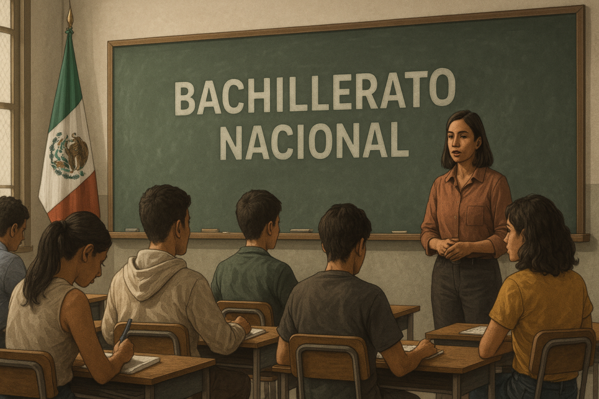 Ilustración de un aula de bachillerato en México, con estudiantes y docente frente a un pizarrón.