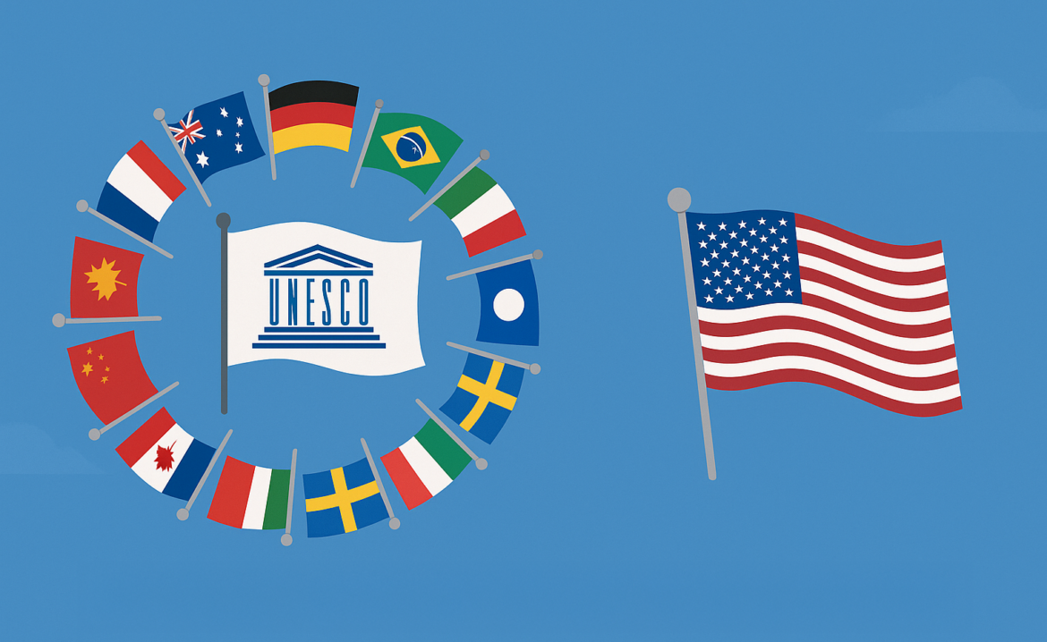 Bandera de EE. UU. separándose de un conjunto de banderas mundiales en torno a la UNESCO.