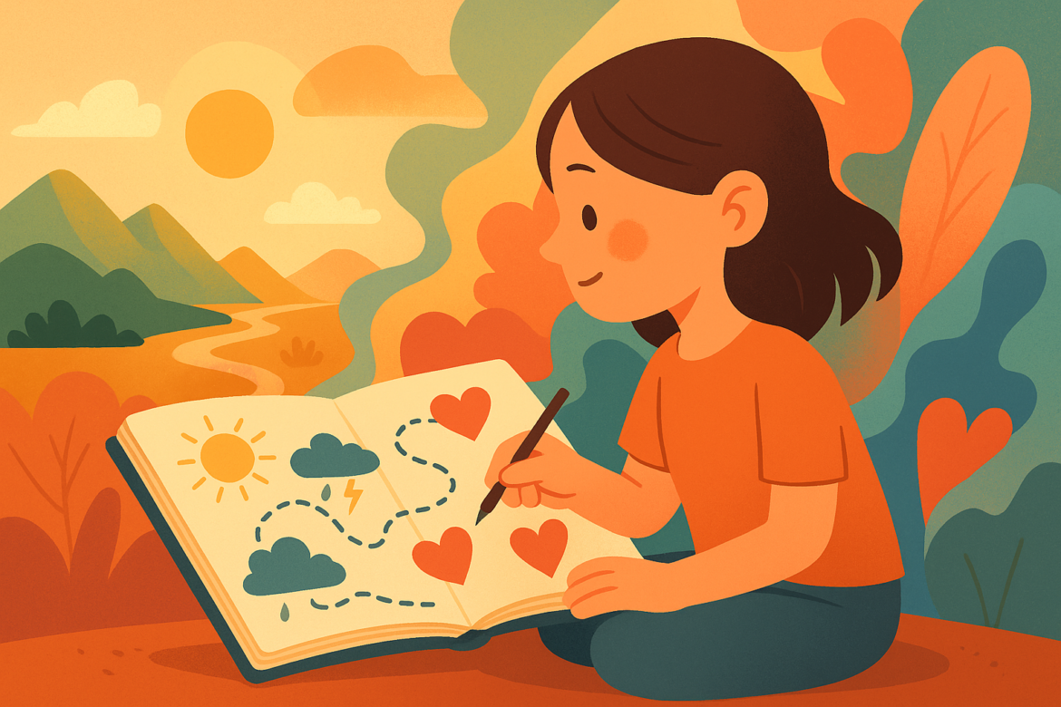 Ilustración de una niña dibujando un mapa de emociones con símbolos y paisajes interiores y exteriores.