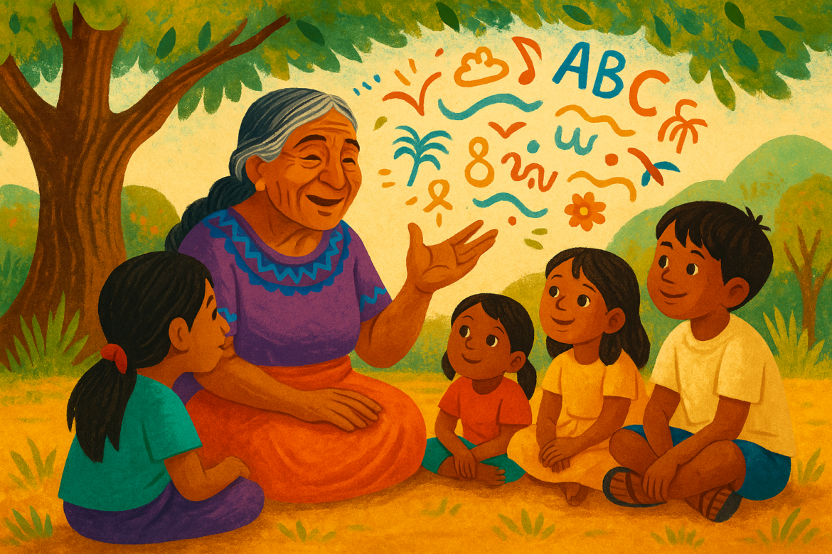 “Ilustración de una mujer indígena narrando un cuento a niñas y niños como símbolo de recuperación lingüística.”