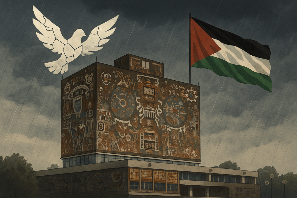 Ilustración del edificio central de la UNAM con símbolos de paz y resistencia, representando el debate ético sobre Palestina y el Premio Nobel.