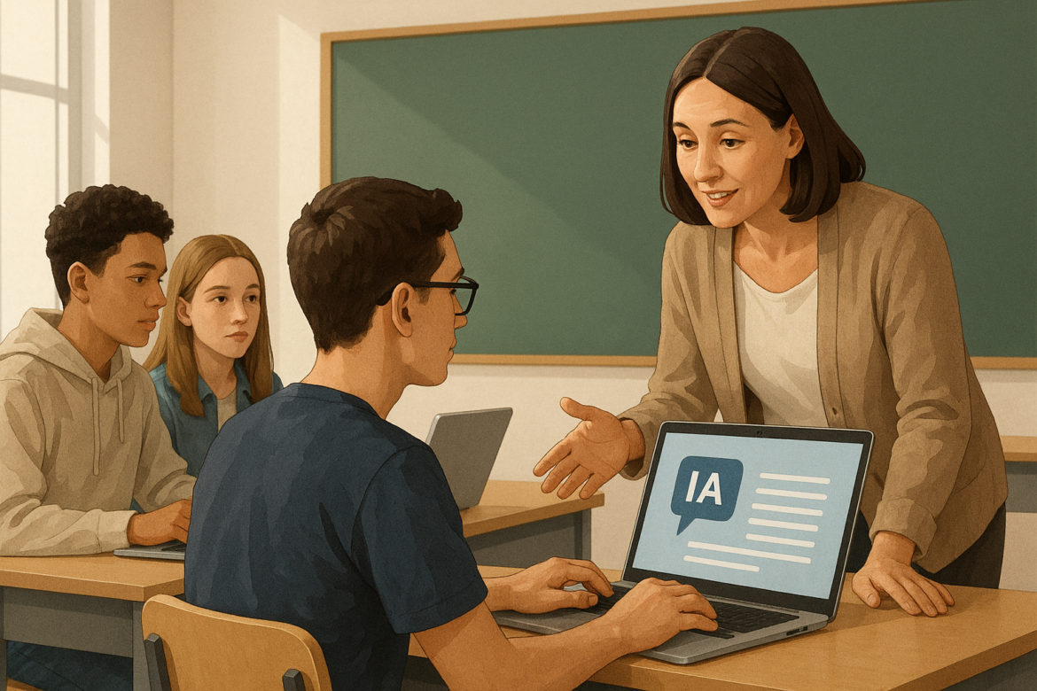 Docente conversa con estudiantes sobre el uso ético de la inteligencia artificial en el aula.