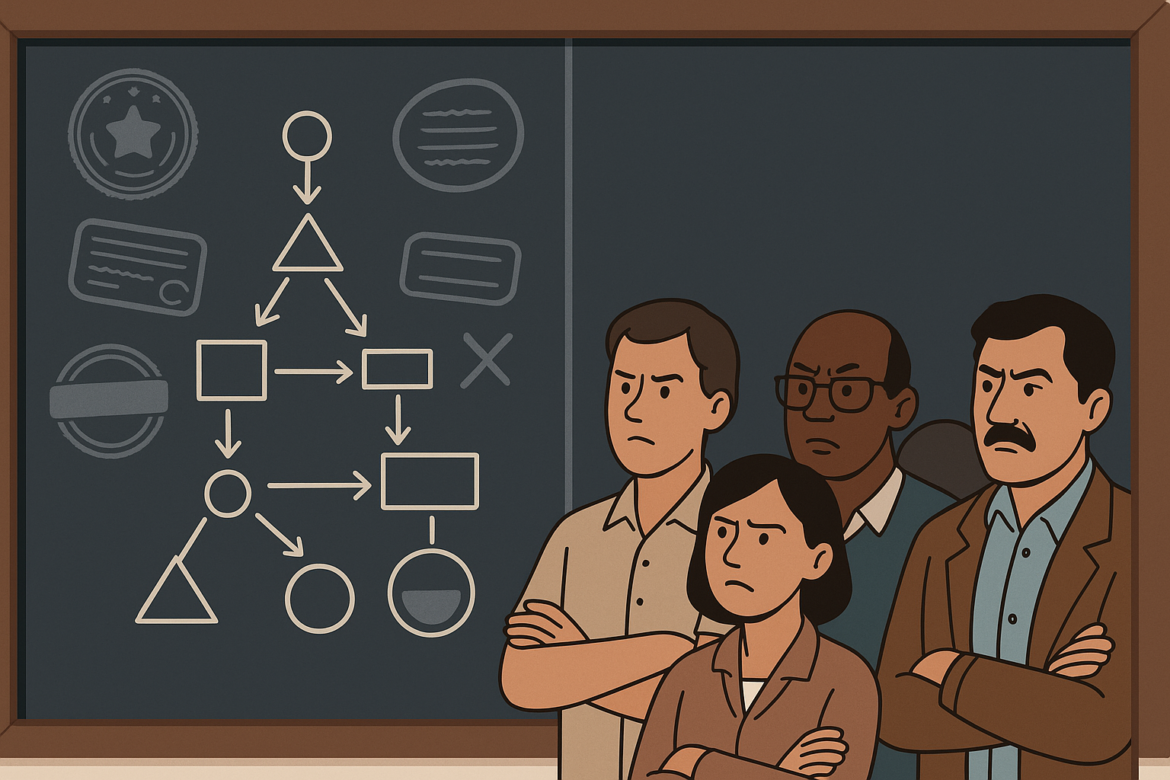“Ilustración editorial de docentes observando un sistema evaluador confuso representado en un pizarrón dividido.”
