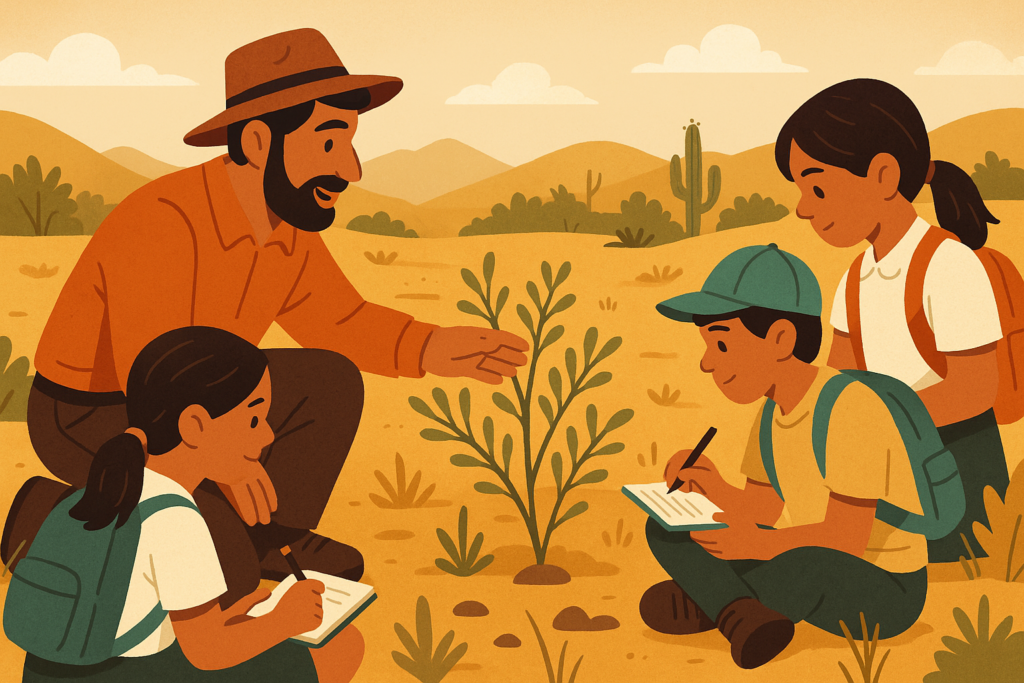 “Docente chileno guiando a estudiantes en una actividad educativa al aire libre en un paisaje rural semiárido, con niños observando plantas endémicas y tomando notas.”