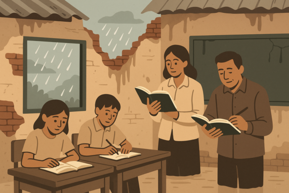 Docentes y estudiantes leen y escriben juntos en un aula rural afectada por lluvias, simbolizando la resiliencia y la lectura como forma de resistencia.