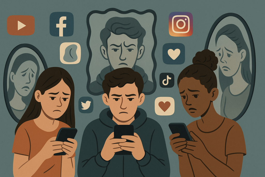 “Ilustración editorial de adolescentes usando redes sociales mientras su autoimagen se distorsiona, simbolizando efectos psicológicos.”