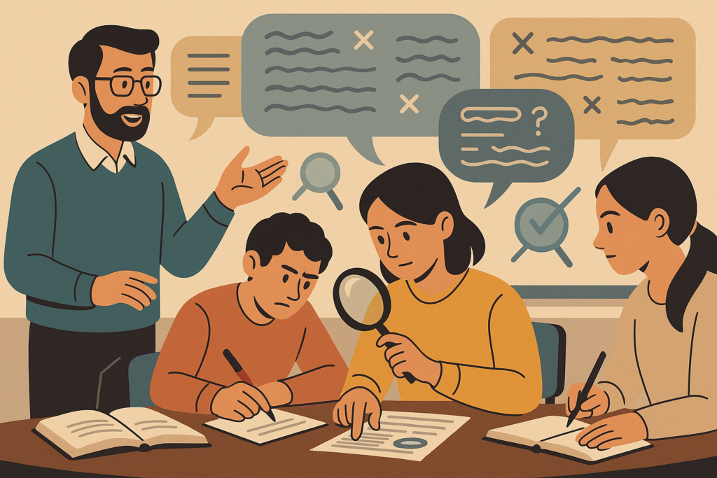 Aula donde un docente y varios estudiantes analizan información contrastando datos y cuestionando mensajes confusos como metáfora de la desinformación.