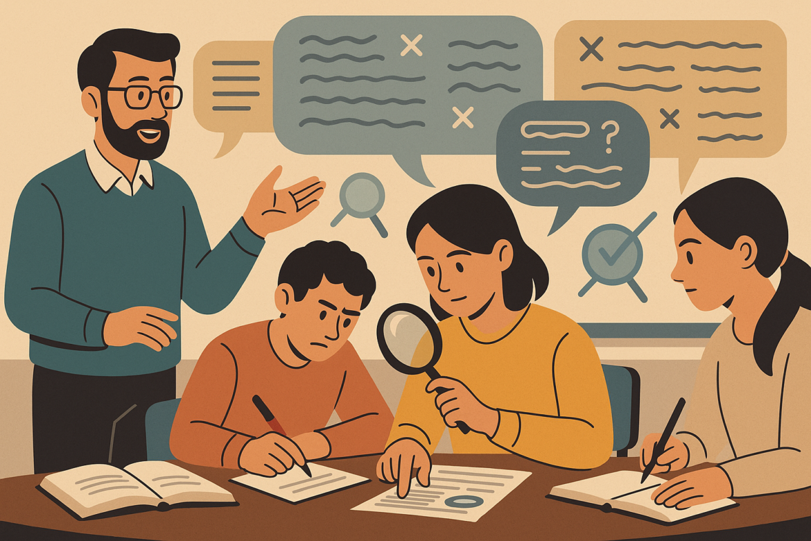 Aula donde un docente y varios estudiantes analizan información contrastando datos y cuestionando mensajes confusos como metáfora de la desinformación.