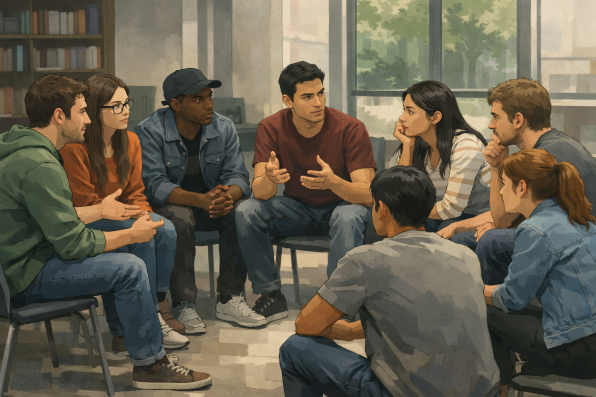 Ilustración conceptual de estudiantes universitarios dialogando y deliberando en un espacio académico