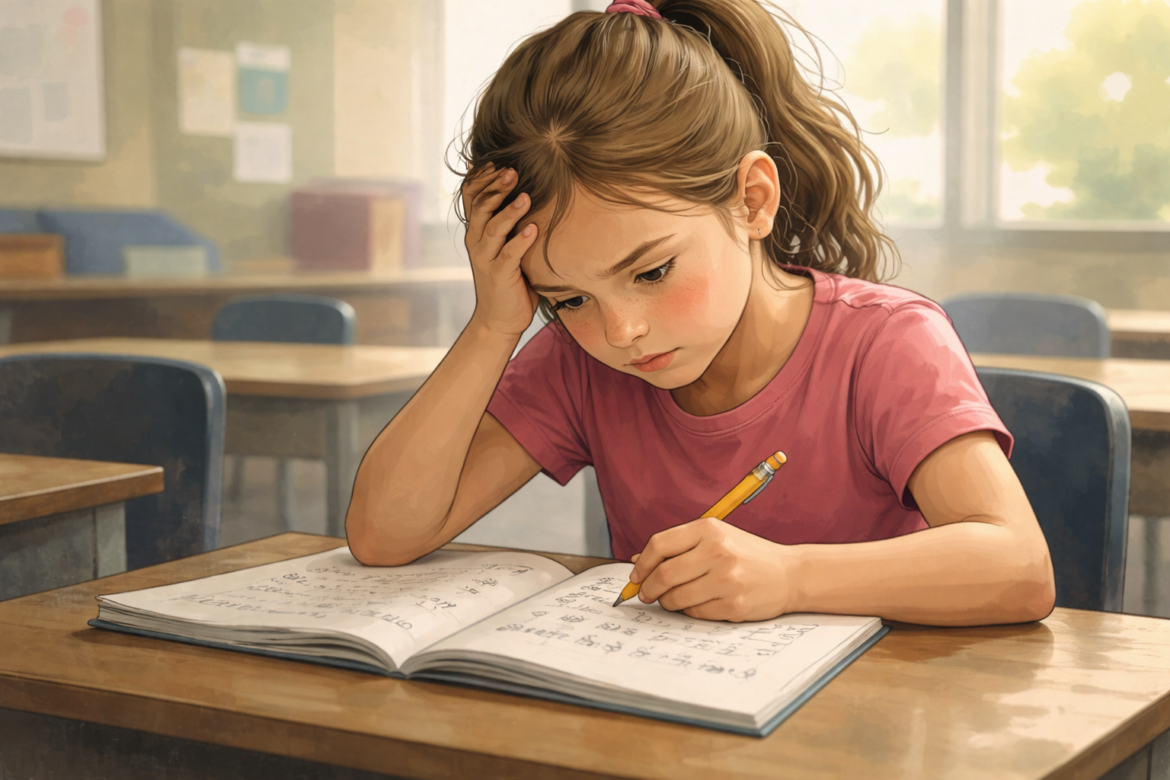 Ilustración conceptual de una niña en un aula escolar enfrentando una actividad de matemáticas con expresión de ansiedad.