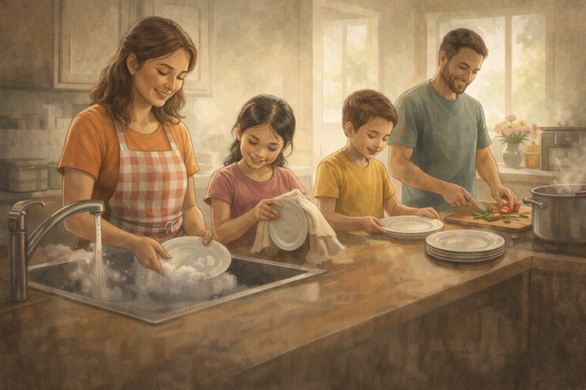 Ilustración conceptual de una familia compartiendo tareas domésticas como práctica cotidiana de equidad y respeto.