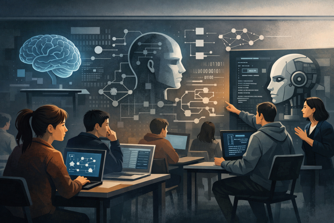 Fotografía editorial de estudiantes en aula universitaria trabajando con computadoras o tablets, acompañados por docentes, con énfasis en reflexión y análisis, no uso recreativo de tecnología.